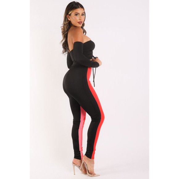 Women's Casual Color Blocked Leggings And Matching Off Shoulder Top Outfit Set - Picture 5 of 12